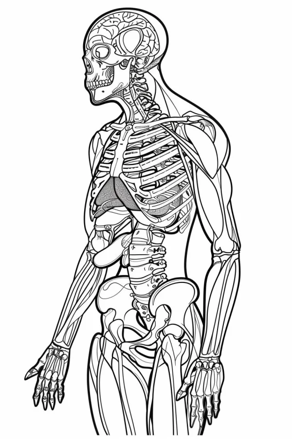 Human full body anatomical skeleton, realistic line art style — free printable human anatomy coloring book page