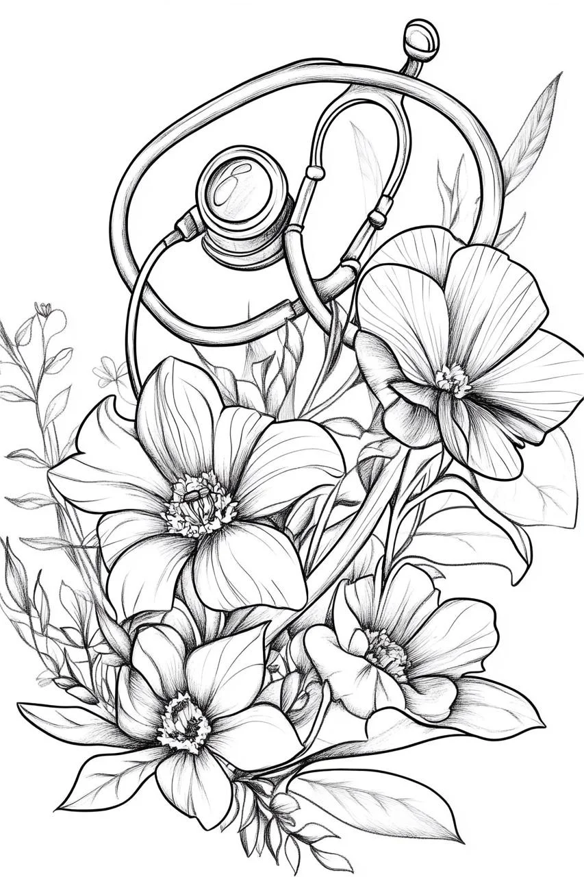 Stethoscope surrounded by various blooming flowers, leaves and vines — moderate detail — line art coloring page — for kids and adults of all ages
