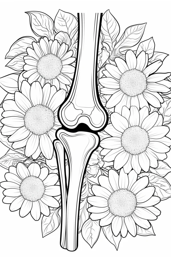 Knee joint skeleton surrounded by sunflowers and leaves, realistic style — free printable human body coloring book page