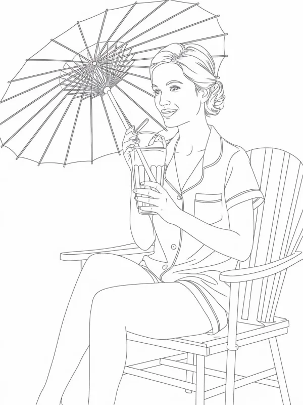 Relaxed woman sitting on an adirondack chair holding a drink with straw and a paper umbrella, realistic illustration style — free printable leisure vacation coloring book page