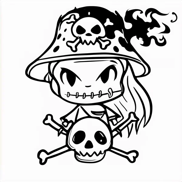 Cute cartoon horror pirate with skull and crossbones, cartoon style — free printable pirate coloring book page