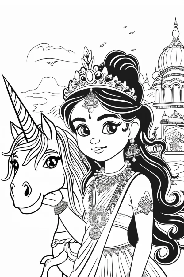 Indian style girl with unicorn, cartoon art style — free printable india coloring book page