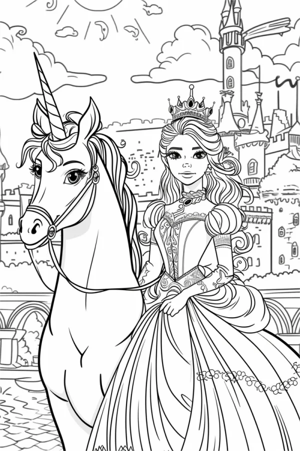 Princess with unicorn, fairy tale cartoon style — free printable princess coloring book page