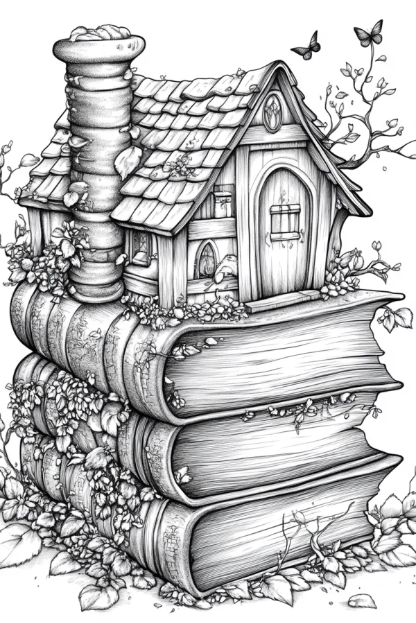 Fairy tale house on stacked books, fairy tale sketch style — free printable books coloring book page