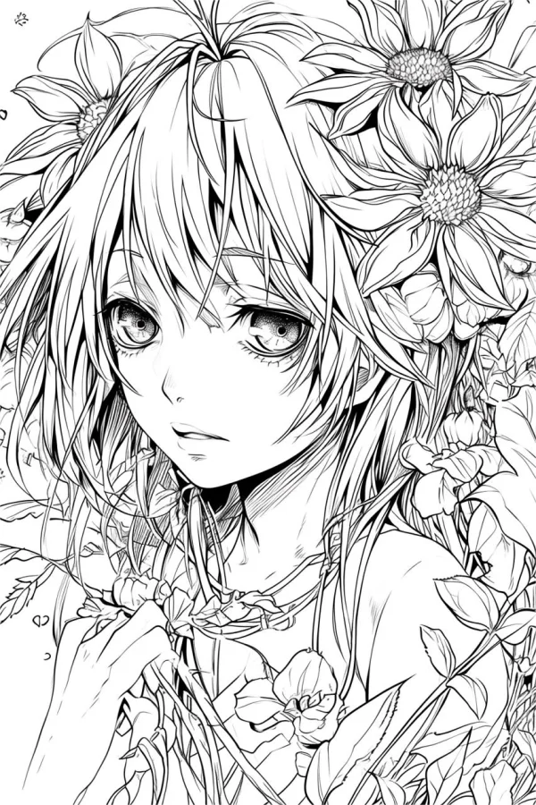 Anime girl surrounded by sunflowers and various flowers, anime style — free printable character theme coloring book page