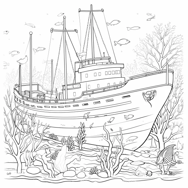 Underwater fishing boat, realistic line art style — free printable underwater world coloring book page