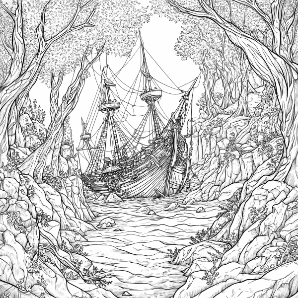 Vintage sailing ship stranded in forest river, realistic line art style — free printable boats coloring book page