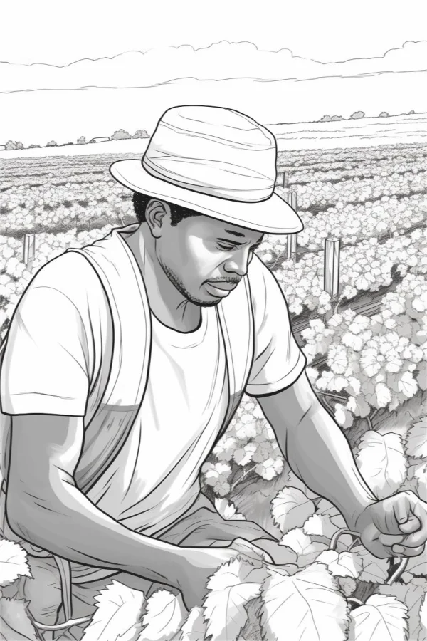 Working farmer in cotton field, realistic sketch style — free printable farmers coloring book page
