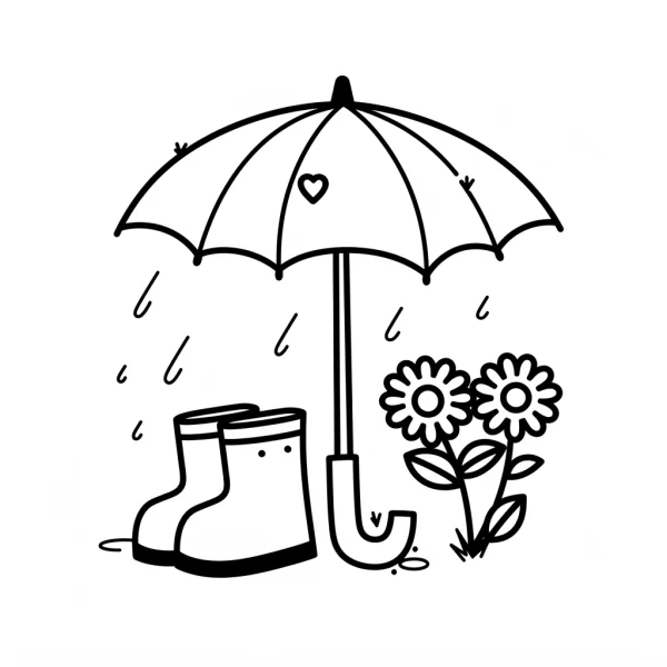 Umbrella with rain boots and daisies, cartoon style — free printable rainy season coloring book page