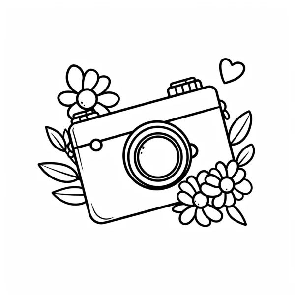 Camera decorated with daisies, leaves and a small heart — free printable photography coloring book page
