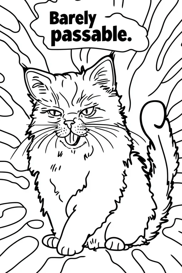Grumpy cartoon cat sticking out tongue with a grumpy expression, cartoon style — free printable humor coloring book page