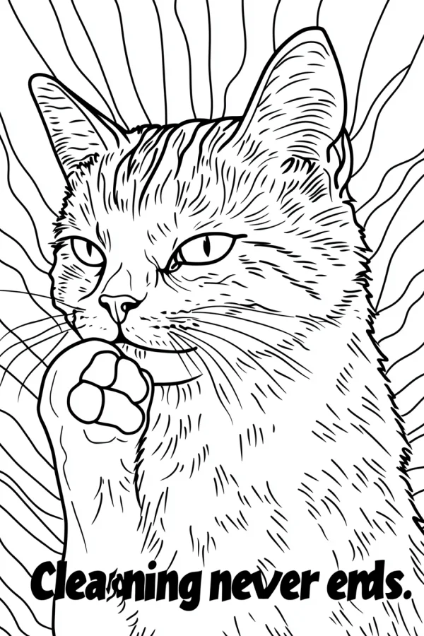Cat cleaning its face with paw, cartoon sketch art style — free printable humor coloring book page