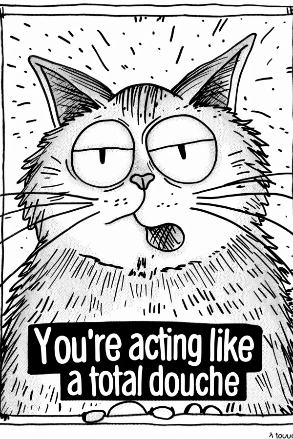 Grumpy annoyed cartoon cat, cartoon sketch style — free printable humor coloring book page
