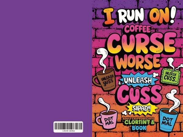 Coloring book front and back cover spread, funny coffee mugs with sarcastic text — free printable humor coloring book page