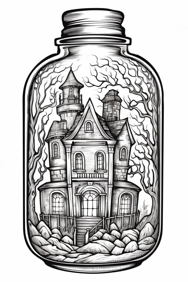 Spooky haunted house inside a glass bottle, gothic horror style — free printable miniature scenes coloring book page