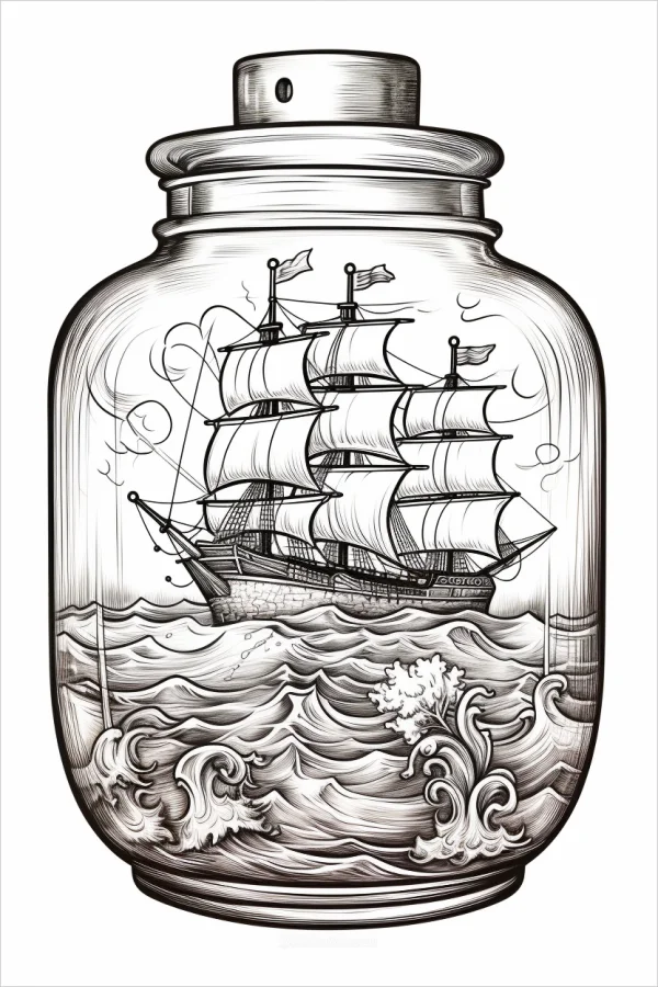 Ship in a bottle, realistic illustration style — free printable miniature scenes coloring book page