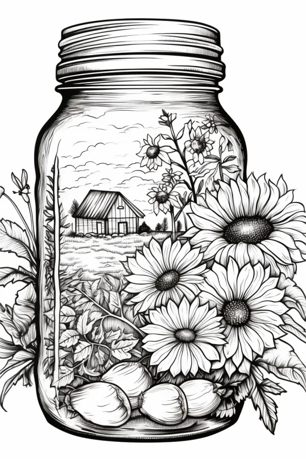 Mason jar containing farm scene with barn, sunflowers — free printable farm life coloring book page