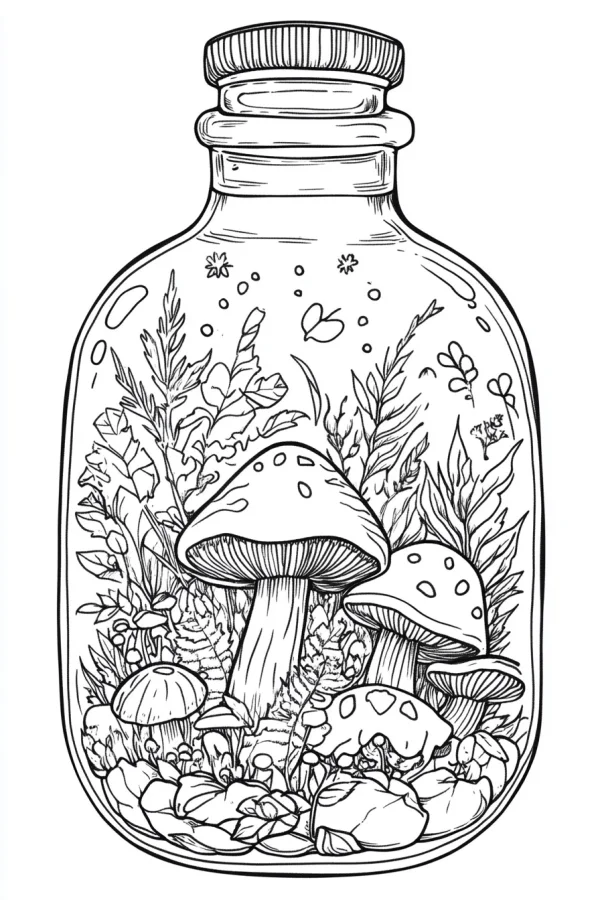 Terrarium with mushrooms and various plants inside a glass bottle, fine smooth organic lines — free printable miniature landscape coloring book page