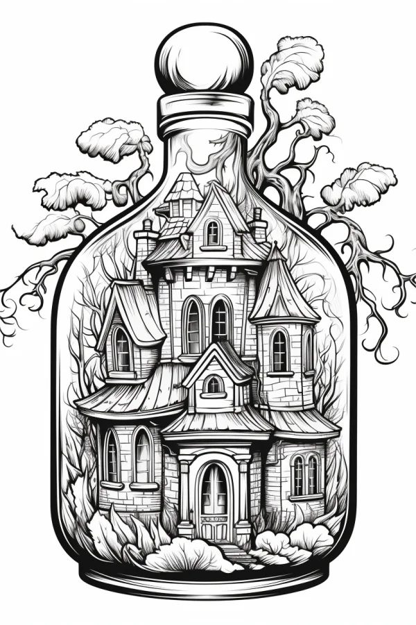 Vintage cottage inside a glass bottle, fantasy style — free printable miniature scenes coloring book page