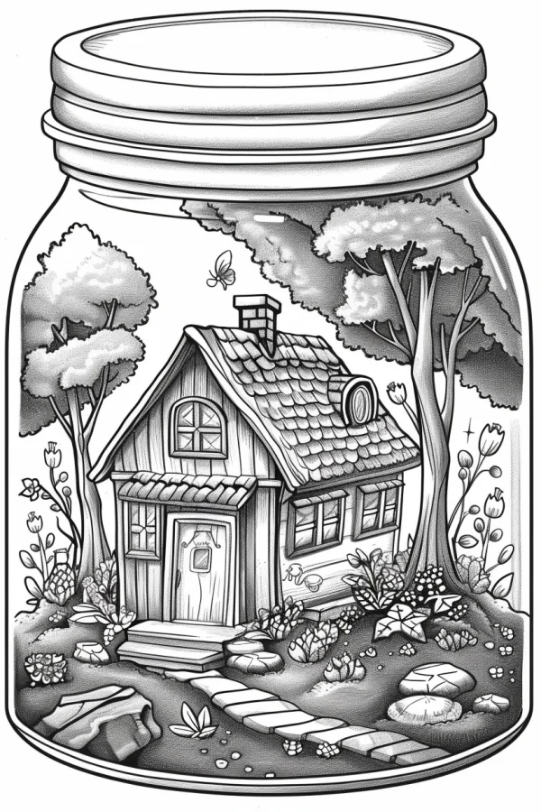 Tiny forest cottage inside a glass jar, fairy tale illustration style — free printable miniature scenes coloring book page