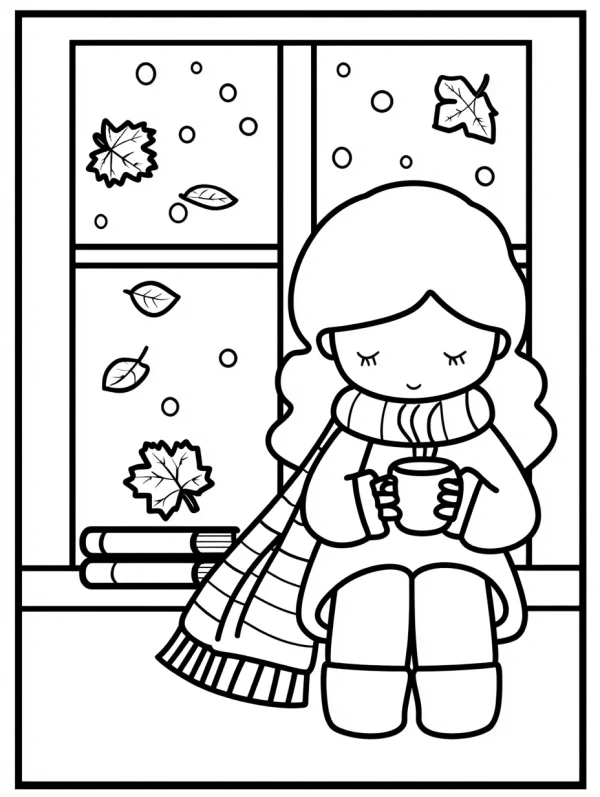 Cute girl holding hot drink by the window, cartoon style — free printable daily leisure coloring book page