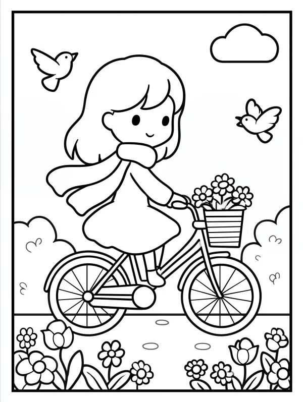 Cute cartoon girl riding a bicycle with flower basket, cartoon style — free printable childlike coloring book page