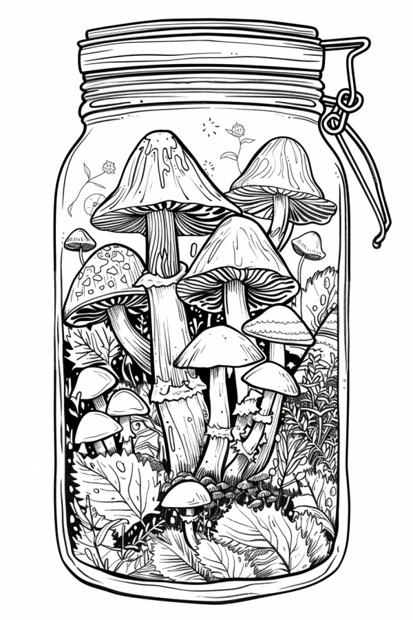 Mushroom terrarium inside a sealed glass jar, realistic illustration style — free printable miniature landscape coloring book page