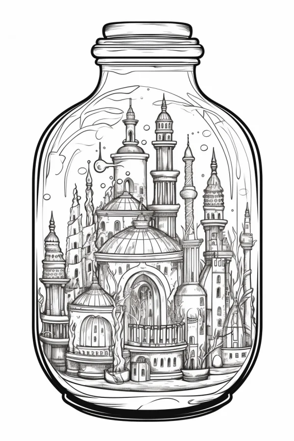 Fantasy castle complex inside a glass bottle, whimsical style — free printable miniature world coloring book page