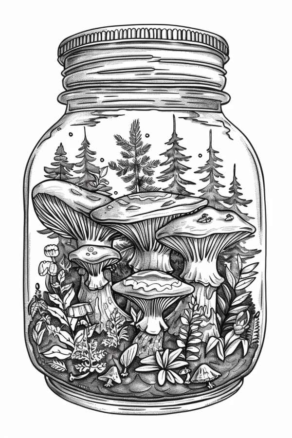 Glass jar filled with forest mushroom community and pine trees, hand-drawn line art style — free printable miniature scenes coloring book page