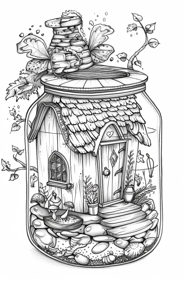 Fairy tale cottage inside a glass jar, hand-drawn line art — free printable miniature landscape coloring book page