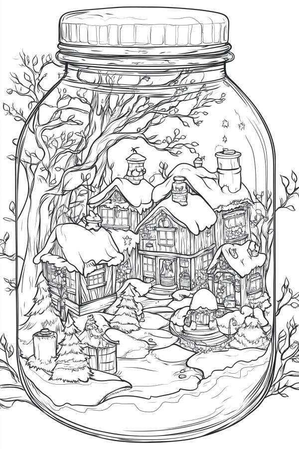 Winter town inside a glass jar, cartoon illustration style — free printable miniature scenes coloring book page