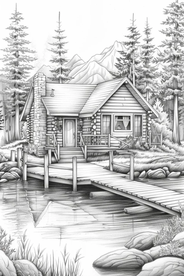 Lakeside forest log cabin, realistic sketch style — free printable lakes coloring book page