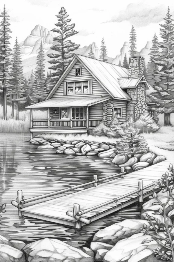 Lakeside forest cabin with wooden dock, realistic sketch style — free printable lakes coloring book page