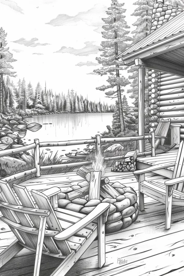 Lakefront cabin patio with campfire and adirondack chairs, realistic line art style — free printable lakes coloring book page