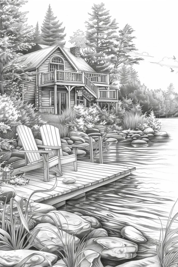 Lakeside log cabin with dock and adirondack chairs, realistic sketch style — free printable lakes coloring book page