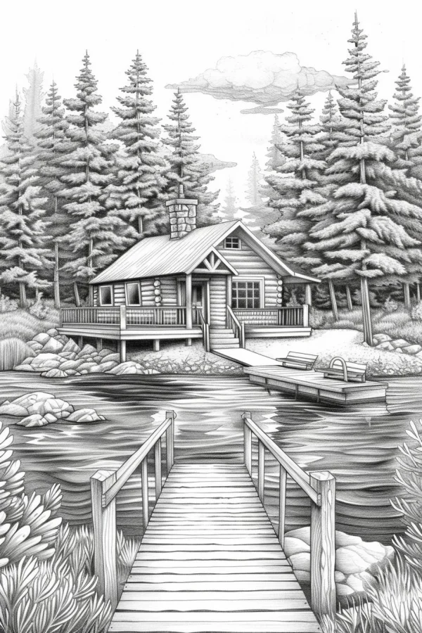 Coloring book page, lakeside wooden cabin in pine forest — free printable lakes coloring book page