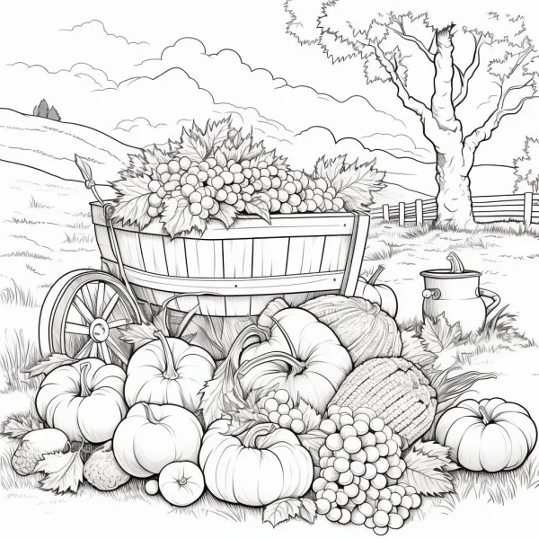 Wooden wheelbarrow filled with grapes and various autumn harvest produce including pumpkins, corns and melons — free printable harvest coloring book page