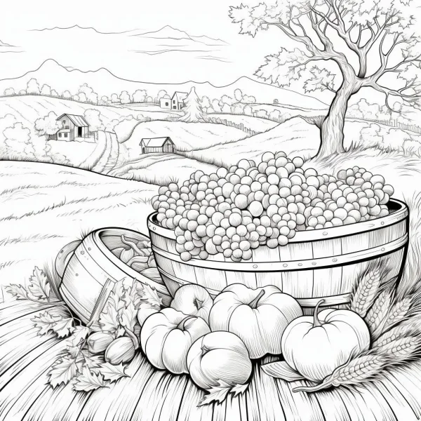 Harvest combination of fruits in wooden bucket and pumpkins, farm landscape with houses — free printable farm life coloring book page