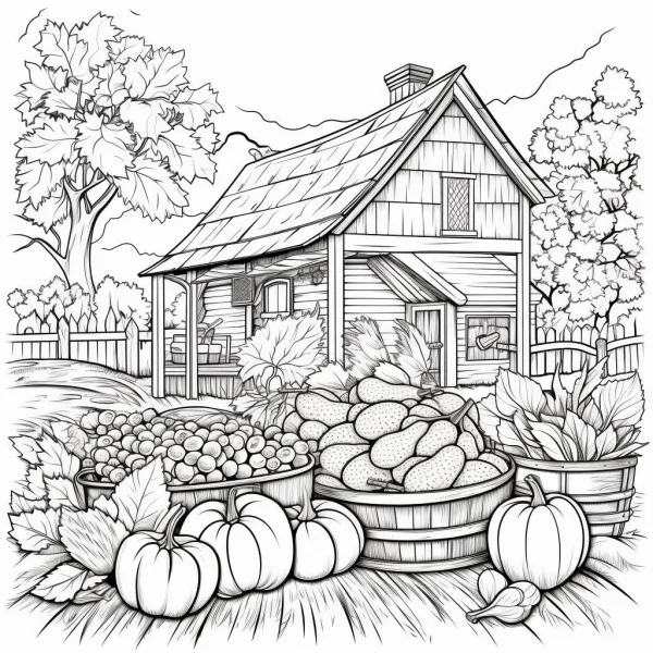 Cozy country cottage with harvest produce including pumpkins and berries, rustic realistic style — free printable harvest coloring book page
