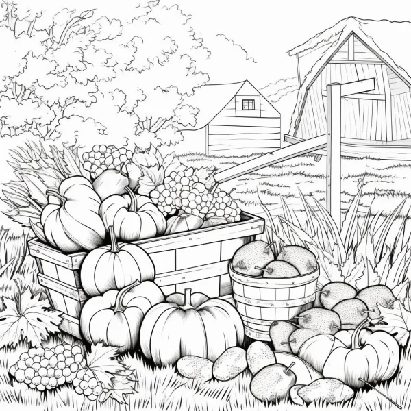 Harvest farm produce combination including pumpkins and grapes, farm scene with barns and trees in the background — free printable harvest coloring book page