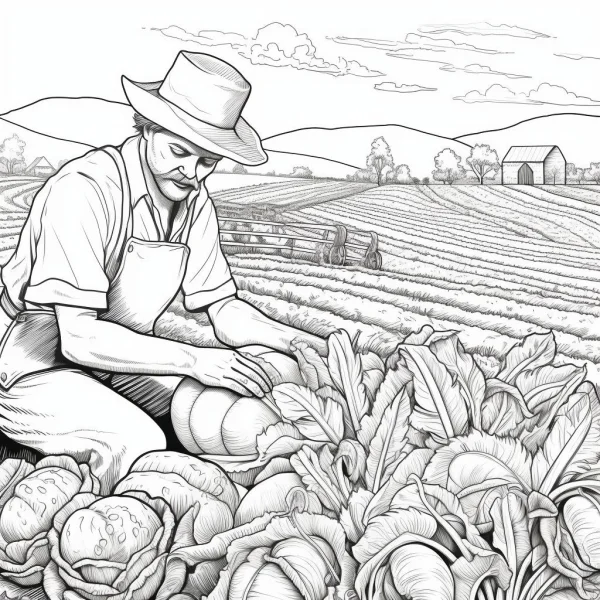 Farmer working in vegetable field, realistic sketch style — free printable farmers coloring book page