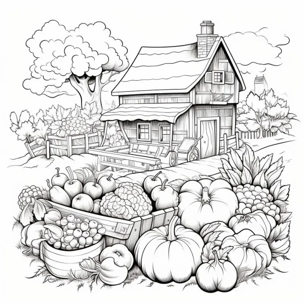 Farm harvest scene with a wooden cottage surrounded by pumpkins, apples — free printable harvest coloring book page