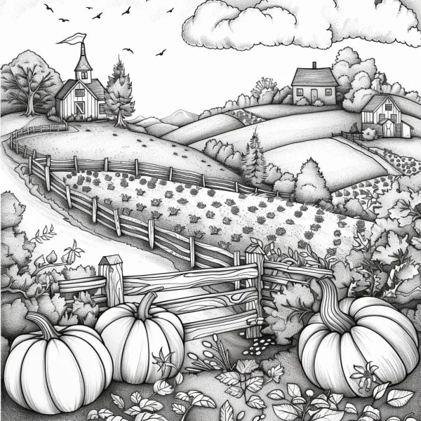 Coloring book page, rural farm scene with pumpkins — free printable harvest coloring book page