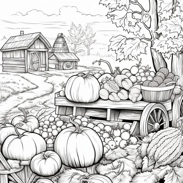 Harvest rural cart with pumpkins and various fruits, realistic illustration style — free printable harvest coloring book page