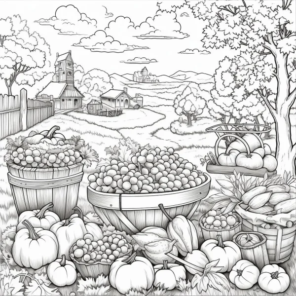 Farm harvest scene with various pumpkins, grapes — free printable harvest coloring book page