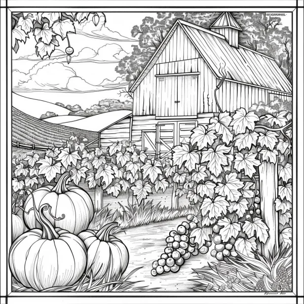 Farm barn with harvest crops of pumpkins and grapes, american country rustic style — free printable harvest coloring book page