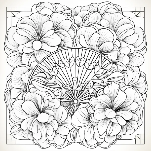Folding fan surrounded by large symmetrical flowers, decorative art style — free printable decor coloring book page