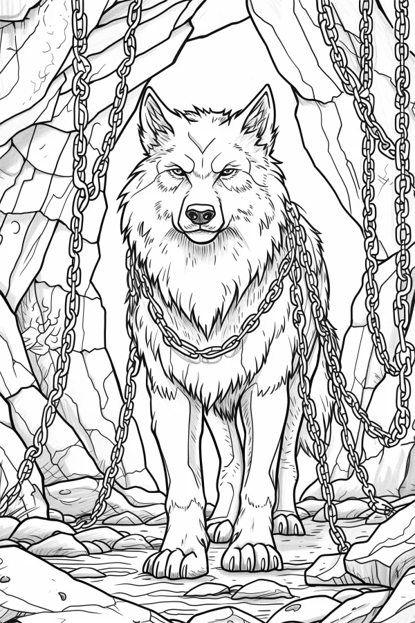 Wolf bound by chains in a rocky cave, realistic animal line art — free printable mammals coloring book page