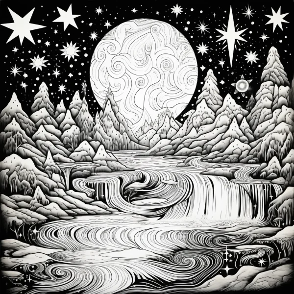 Night landscape with full moon, snow-capped mountains — free printable starry sky coloring book page