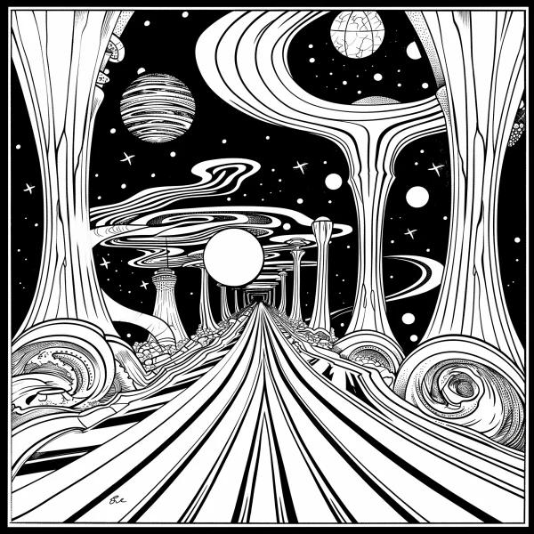 Sci-fi space tunnel, surreal abstract style — free printable universe coloring book page